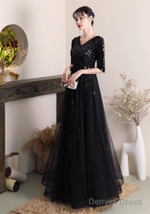 Black A-Line Sequins And Tulle Long Formal Dress, Black Wedding Party Dress